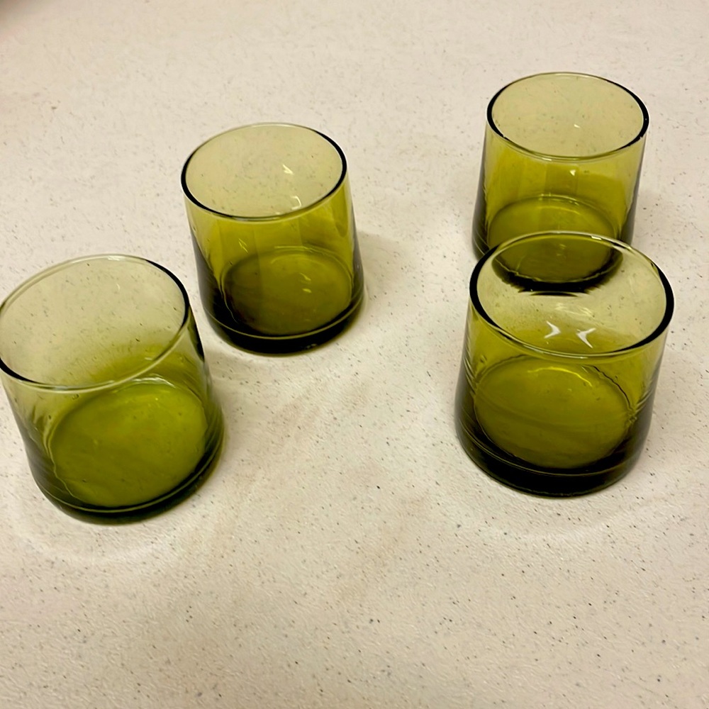 Four mini mid century olive green juice glasses